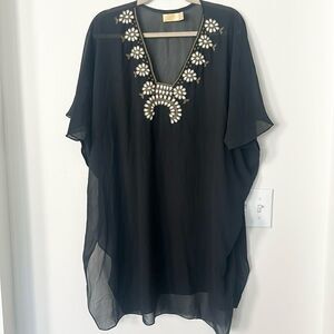 Natural Impressions Black Beaded Bib Kaftan, Swim Cover-up O/S